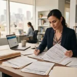 Business owner reviewing license and permit documents