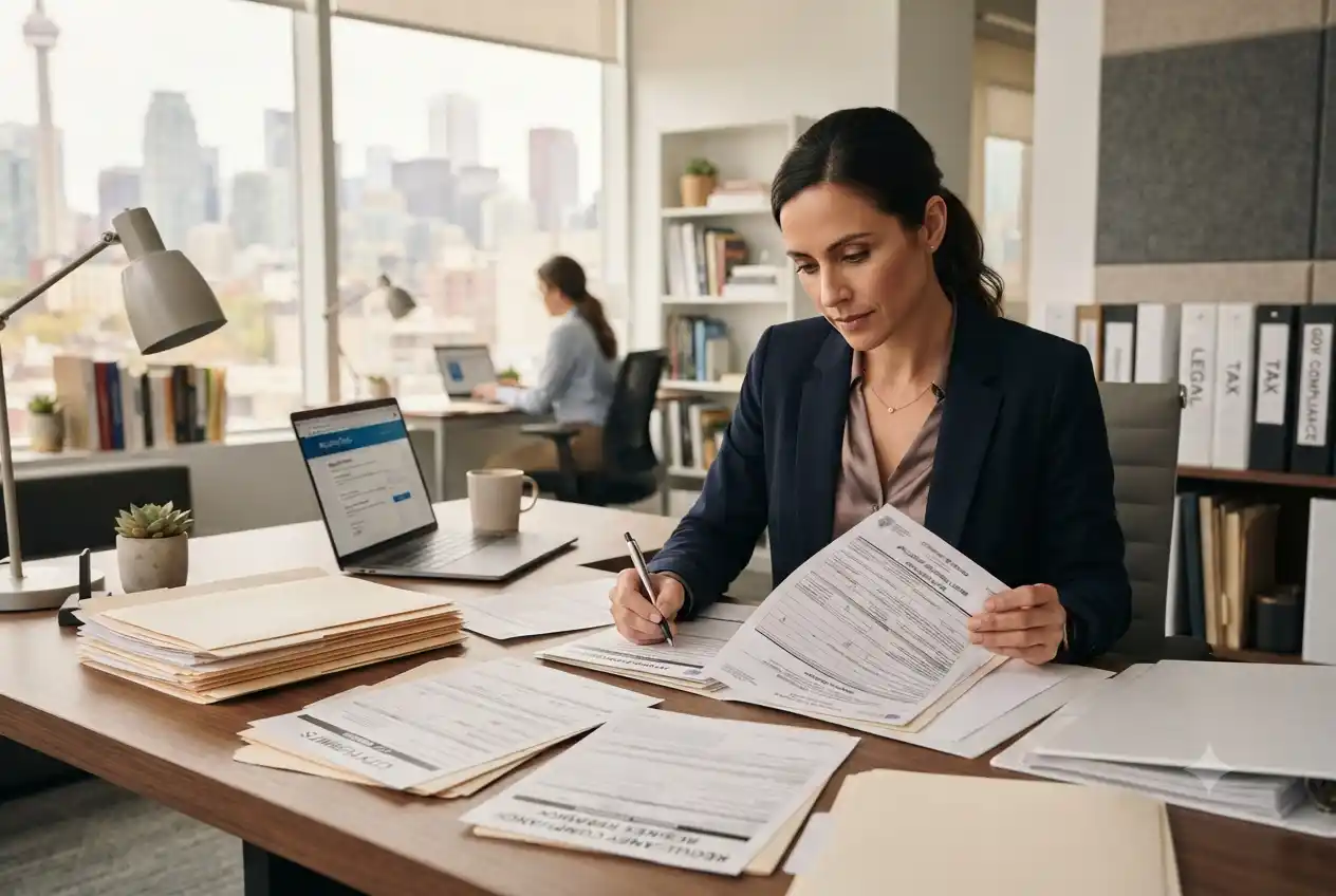 Business owner reviewing license and permit documents