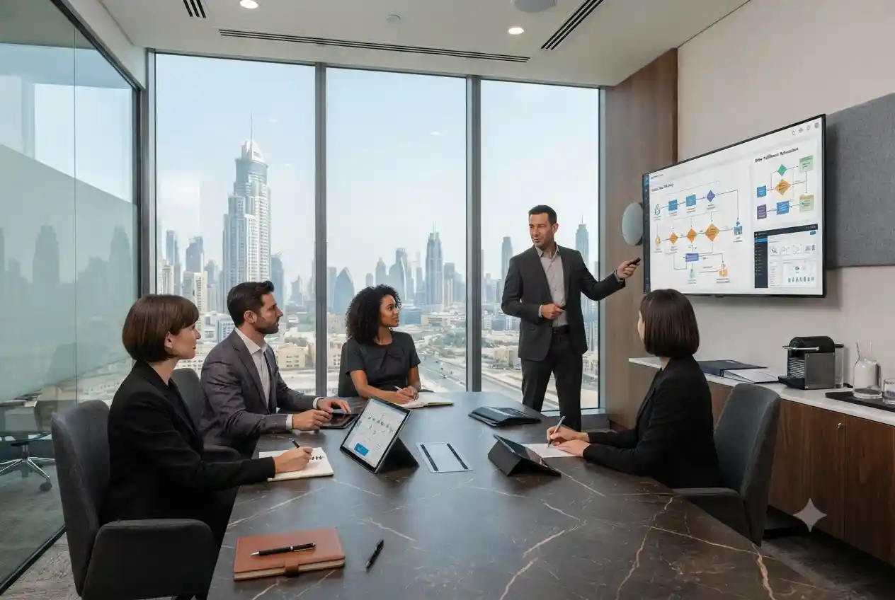 Business professionals reviewing workflow optimization and operational efficiency strategies