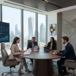 Entrepreneur reviewing company registration documents with business advisors