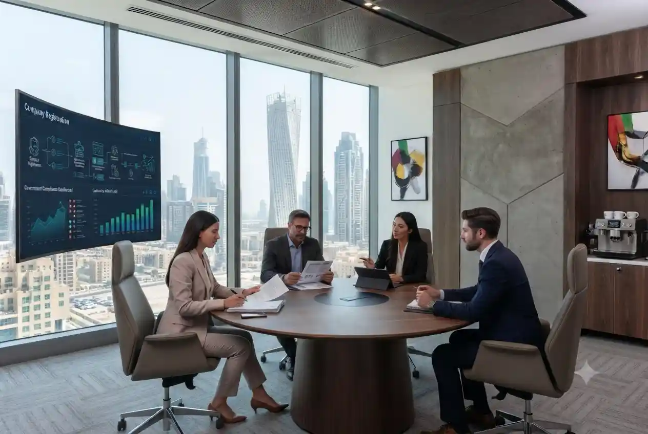 Entrepreneur reviewing company registration documents with business advisors