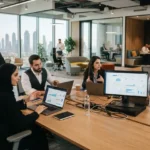 Professionals using business software applications in a modern UAE office