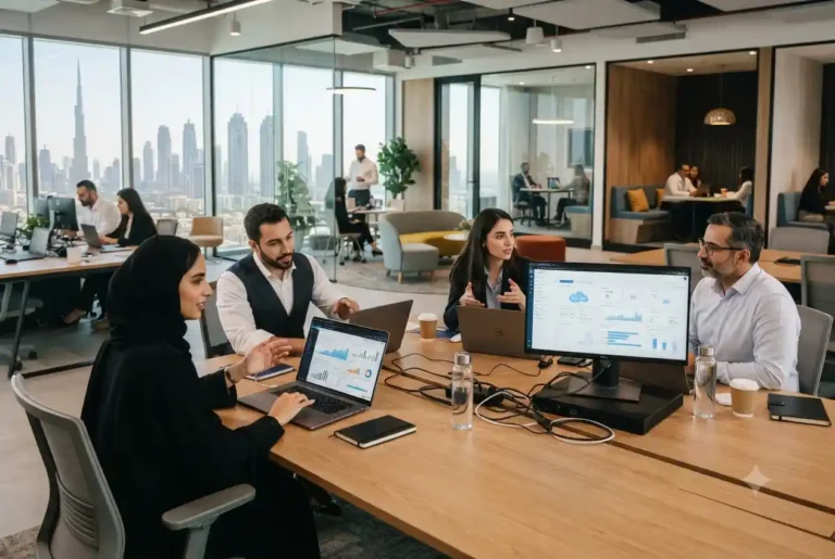 Professionals using business software applications in a modern UAE office