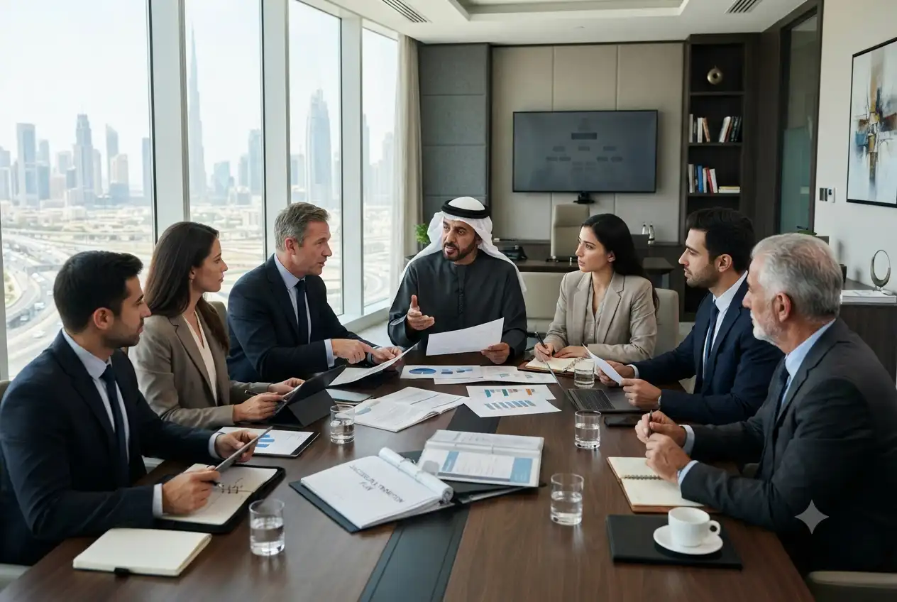Business owners and advisors discussing succession planning strategy in the UAE