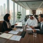 Tax consultant discussing corporate tax filing and VAT compliance with business executives in the UAE