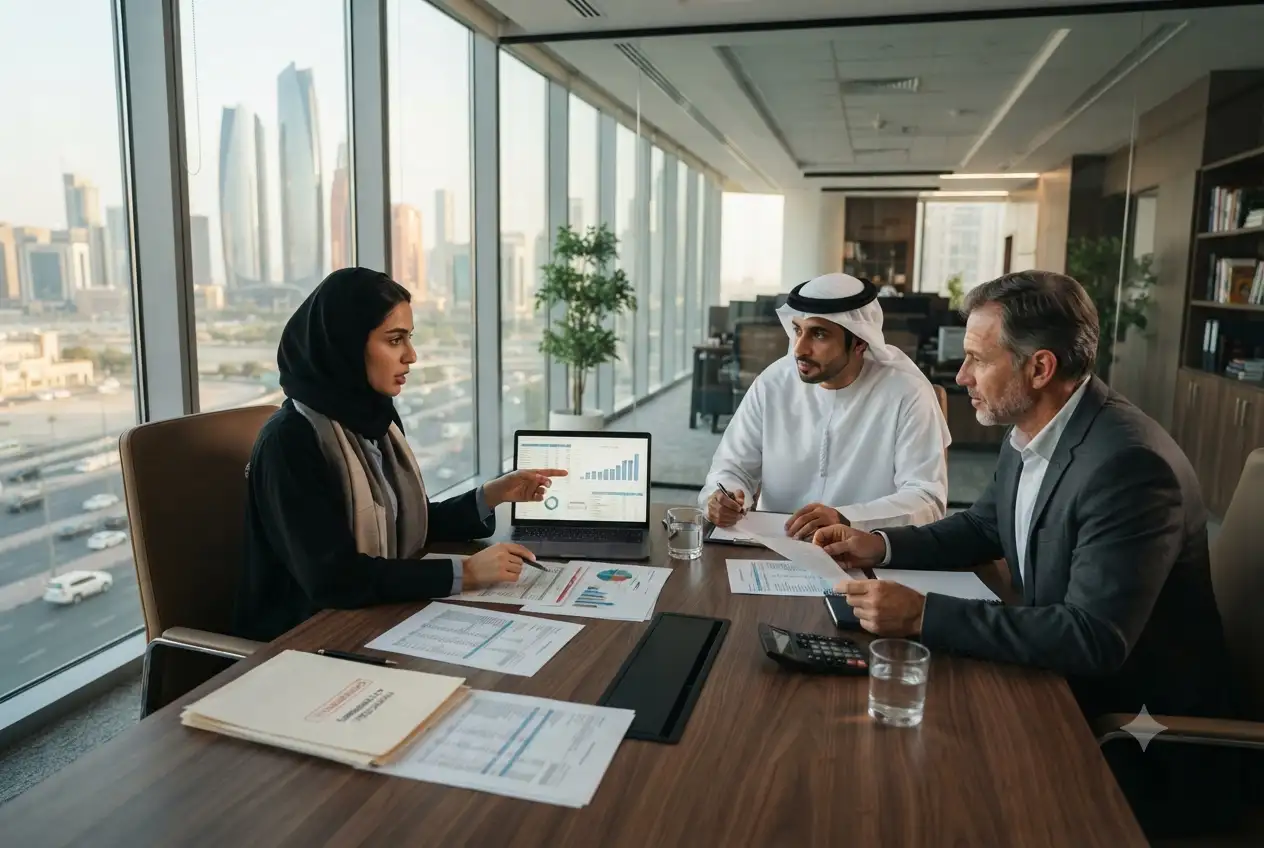 Tax consultant discussing corporate tax filing and VAT compliance with business executives in the UAE