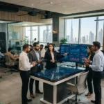 Corporate professionals using advanced business technology systems and cloud platforms