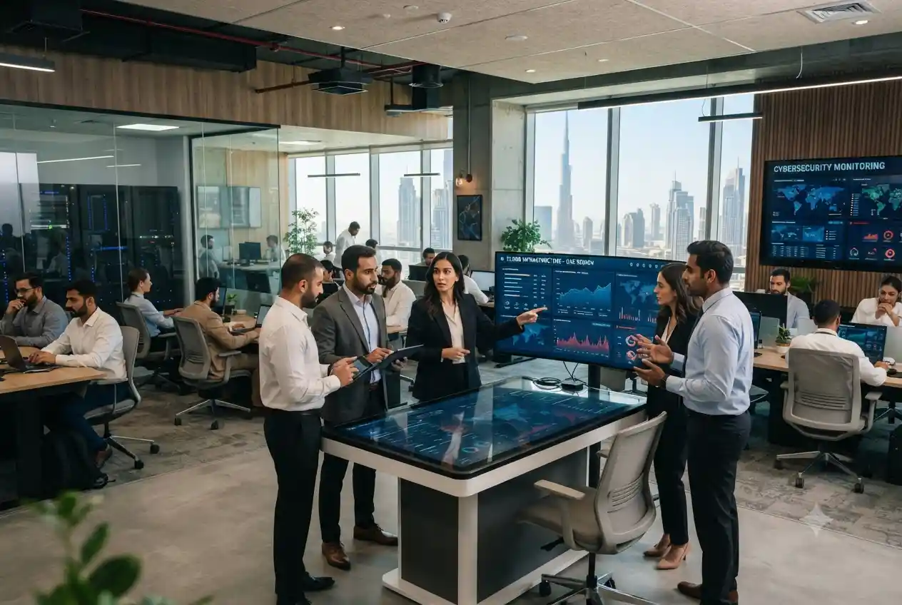 Corporate professionals using advanced business technology systems and cloud platforms