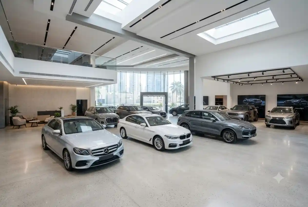 Certified pre-owned cars displayed inside a professional UAE dealership showroom