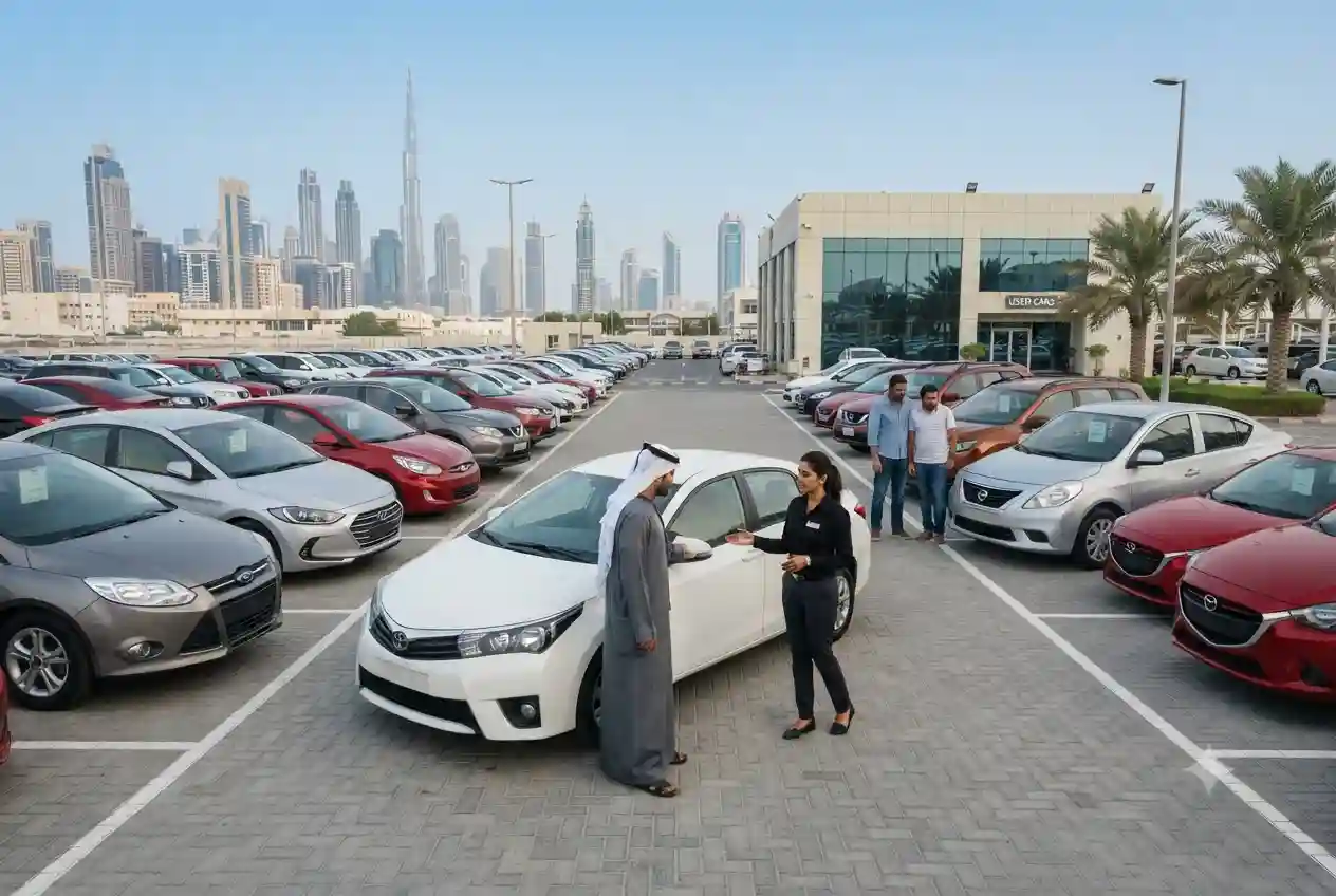 Affordable used cars displayed at a professional dealership in the UAE.