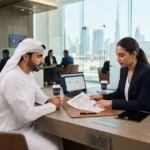Alt Text: Banking advisor reviewing a credit card eligibility application with a customer in the UAE.
