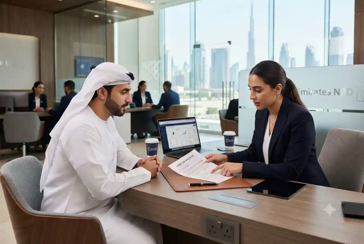 Alt Text: Banking advisor reviewing a credit card eligibility application with a customer in the UAE.