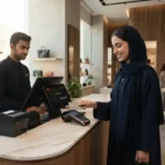 UAE resident using a credit card for a contactless payment at a retail store.