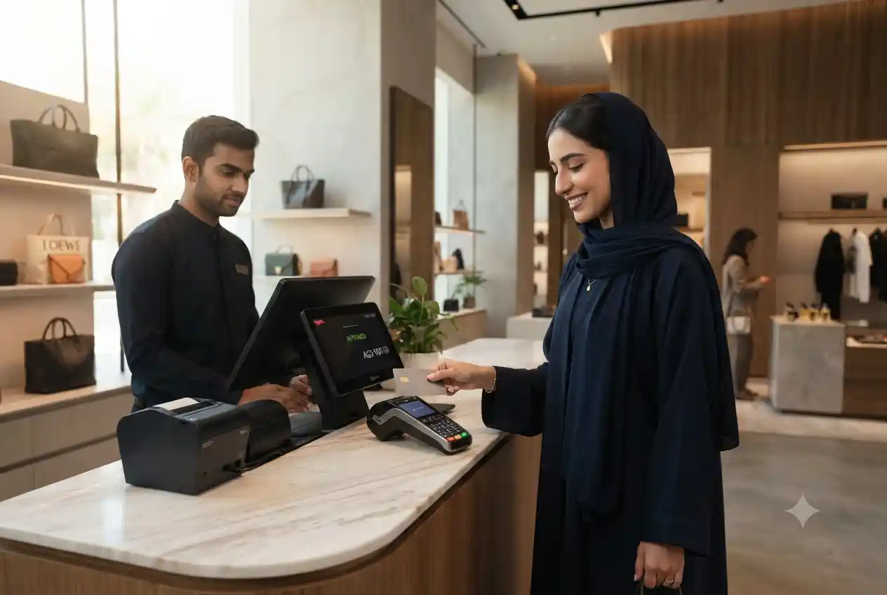 UAE resident using a credit card for a contactless payment at a retail store.
