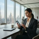 Professional using a smartphone to manage a digital bank account in the UAE.