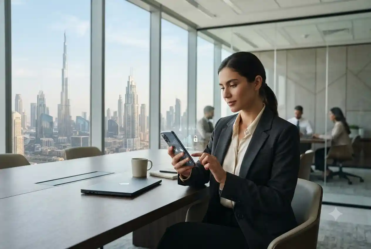 Professional using a smartphone to manage a digital bank account in the UAE.