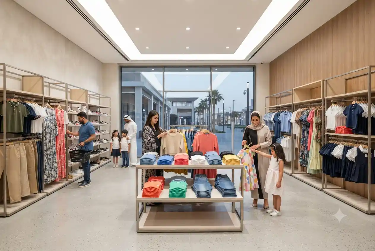 Customers shopping for fashionable clothing inside a modern retail store in Sharjah