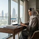 Student attending an online university class from home in the UAE