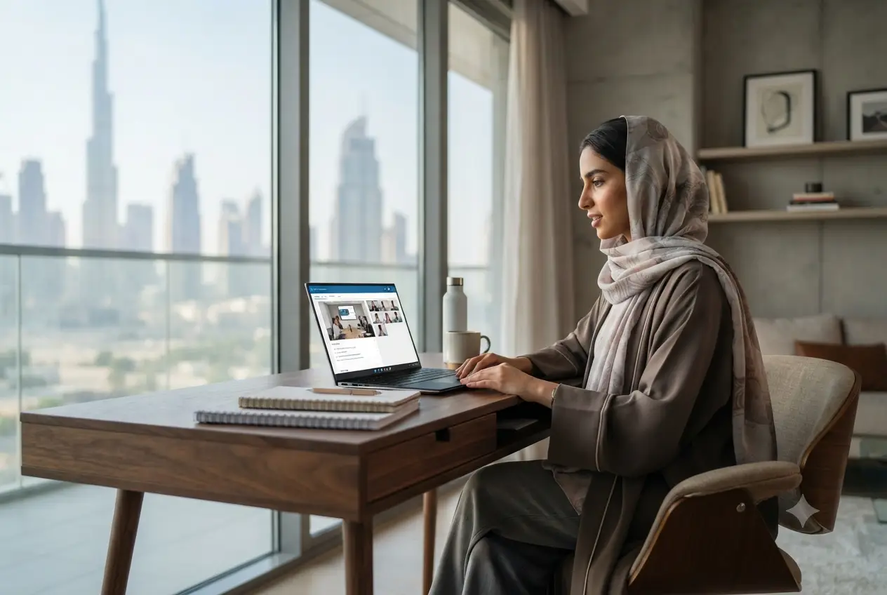 Student attending an online university class from home in the UAE