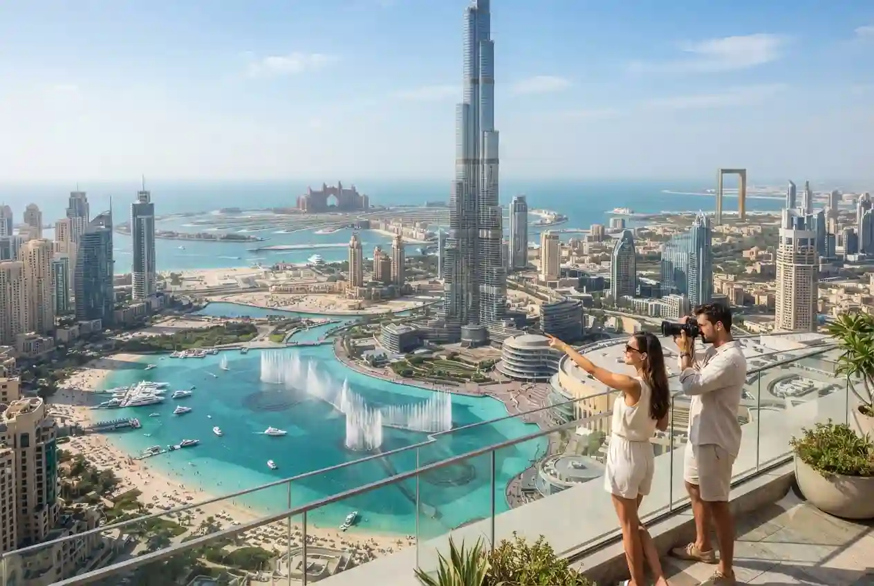 Dubai attractions including Burj Khalifa, Dubai Marina, Palm Jumeirah, and Dubai Frame