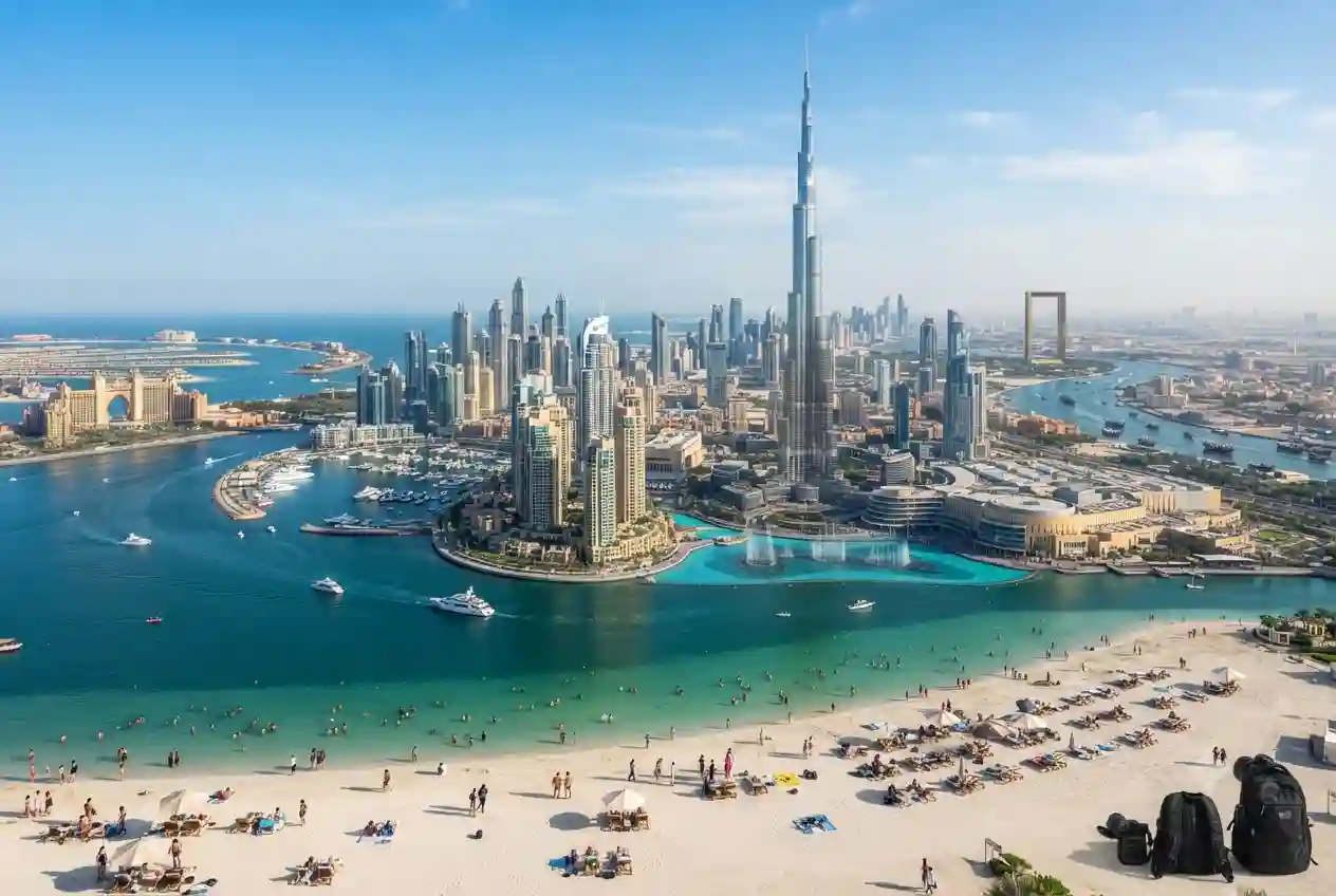 Dubai tourist attractions including Burj Khalifa, Dubai Marina, Palm Jumeirah, and Dubai Fountain