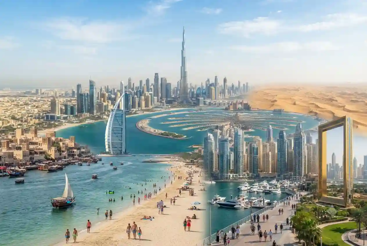 Dubai tourist spots featuring Burj Khalifa, Palm Jumeirah, Dubai Marina, and Dubai Creek