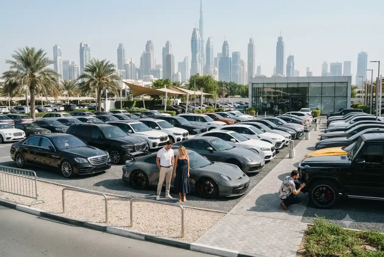 Used cars displayed for sale at a modern automotive marketplace in the UAE
