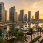 Modern Emaar apartment towers in Dubai skyline with waterfront view