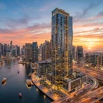 Modern Emaar tower residential skyscraper in Dubai skyline