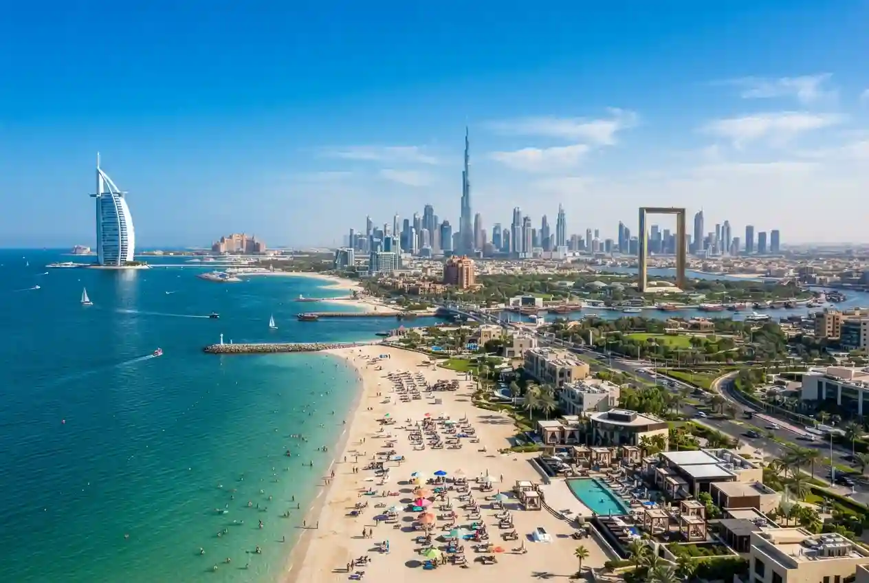 Famous places in Dubai including Burj Khalifa, Burj Al Arab, Palm Jumeirah, and Dubai Marina