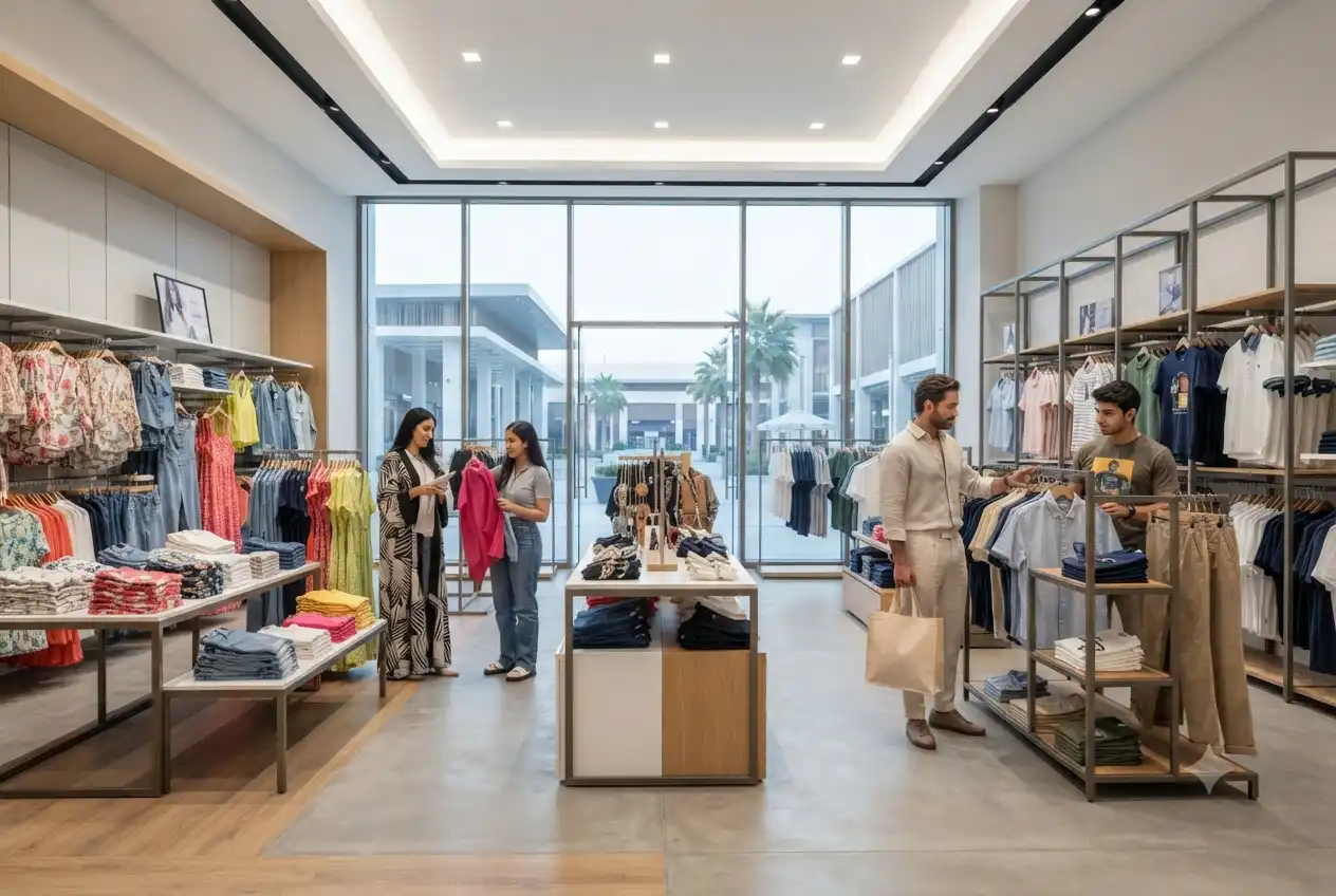 Shoppers exploring affordable fashion collections inside a modern UAE fashion retail store