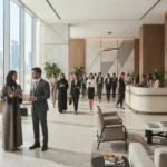 Professionals entering a modern UAE government office building.