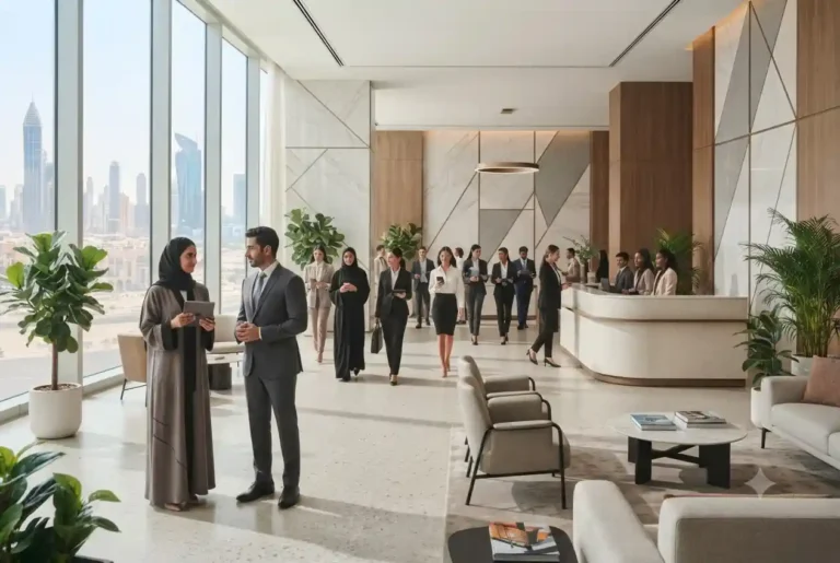 Professionals entering a modern UAE government office building.