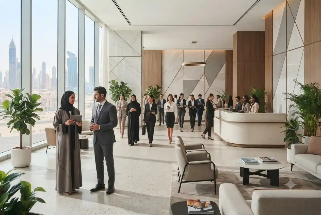 Professionals entering a modern UAE government office building.