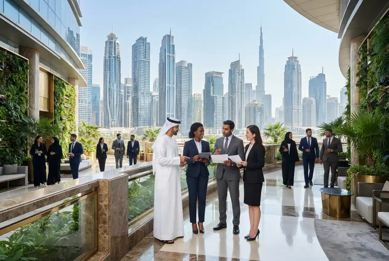 Business professionals working in a modern UAE corporate office.
