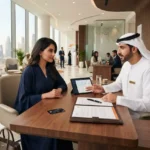 Woman opening a personal bank account at a modern bank branch in the UAE.