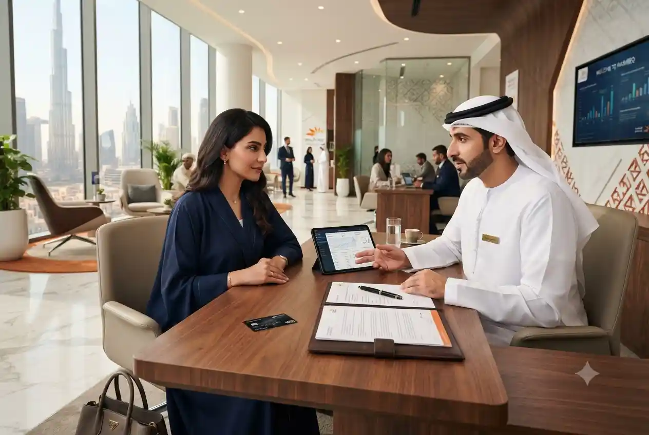 Woman opening a personal bank account at a modern bank branch in the UAE.