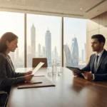 Professional candidate attending a job interview in a modern Dubai office.