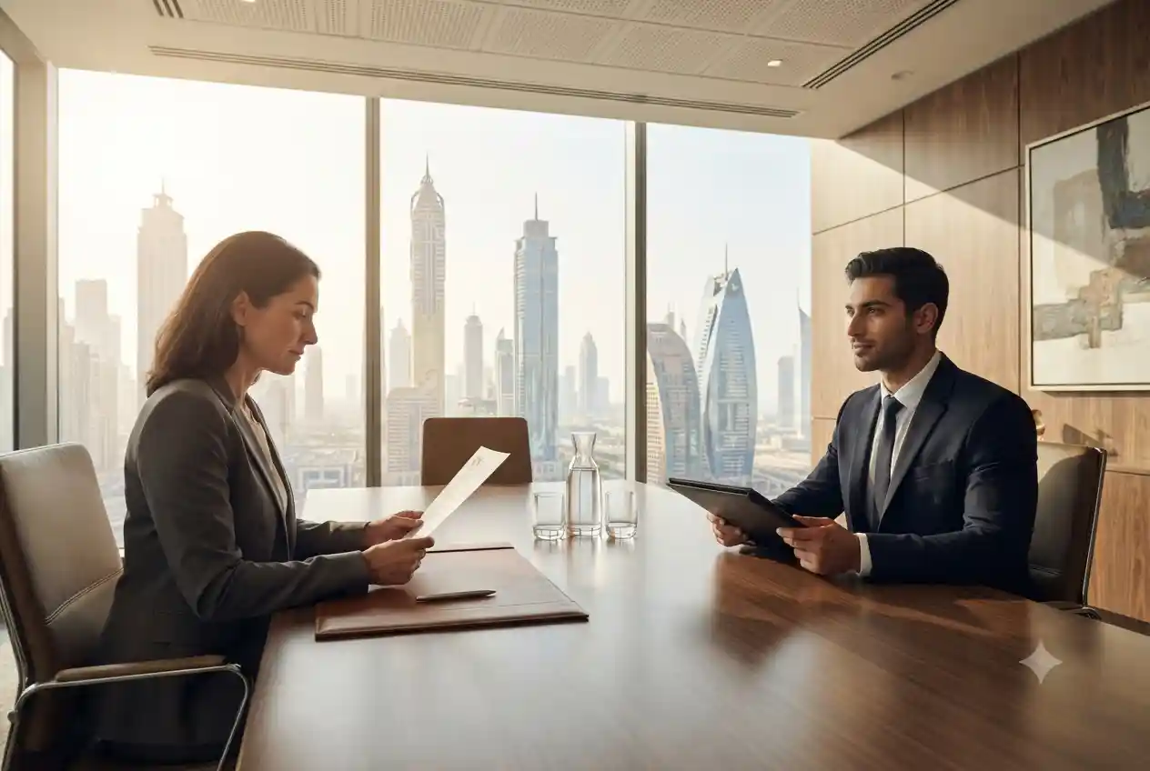 Professional candidate attending a job interview in a modern Dubai office.