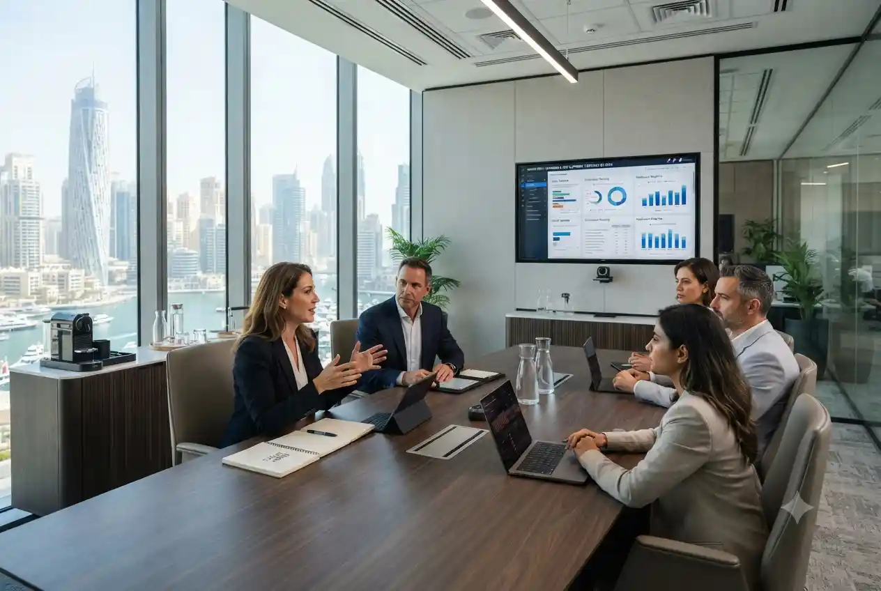 HR business partner discussing workforce strategy with company leadership team