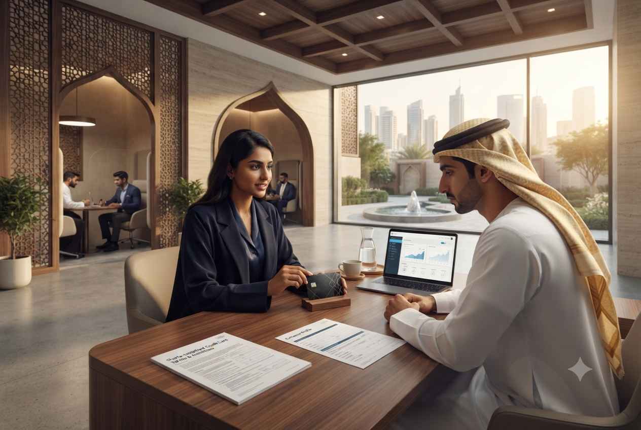Customer discussing an Islamic credit card with a banking advisor in the UAE.