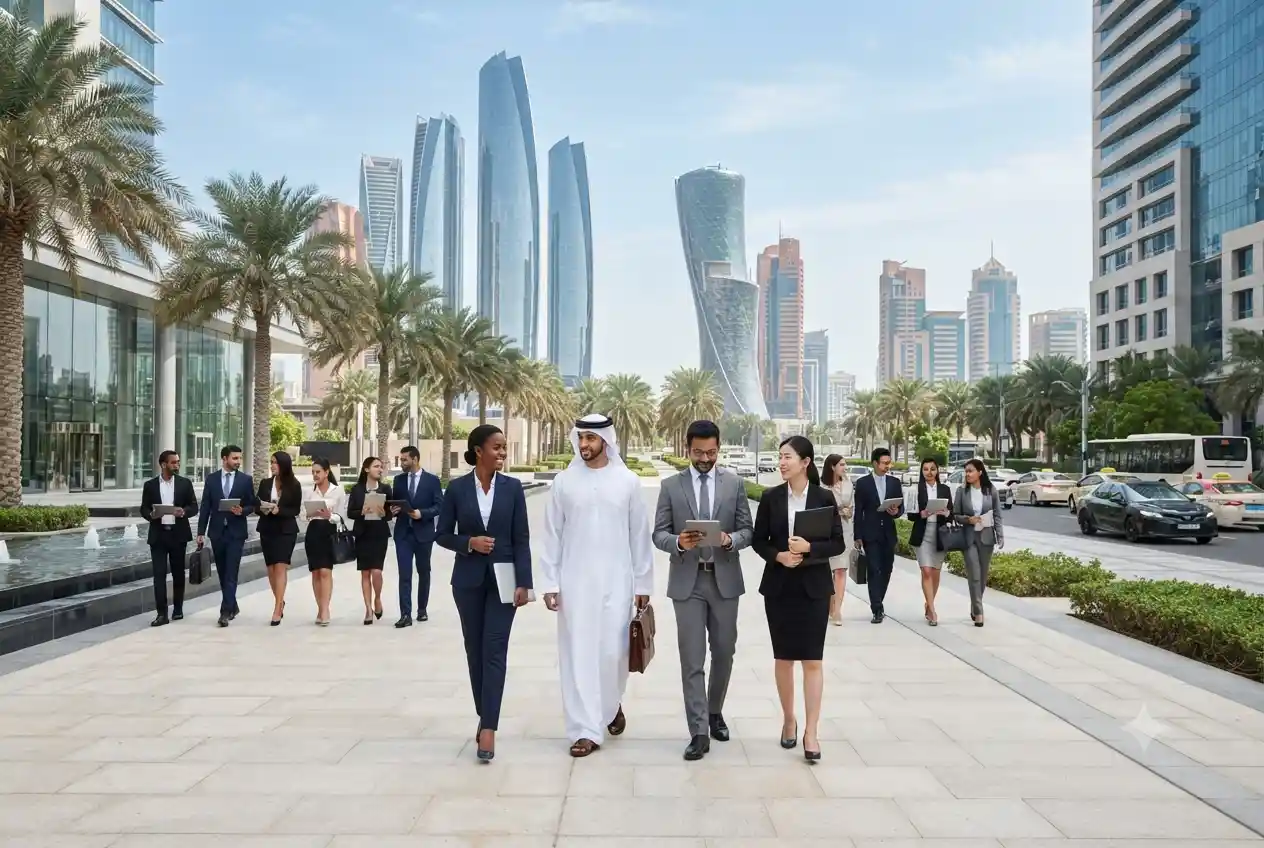 Professionals exploring career opportunities in Abu Dhabi's business district.