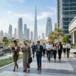 Professionals exploring career opportunities in Dubai's modern business district.