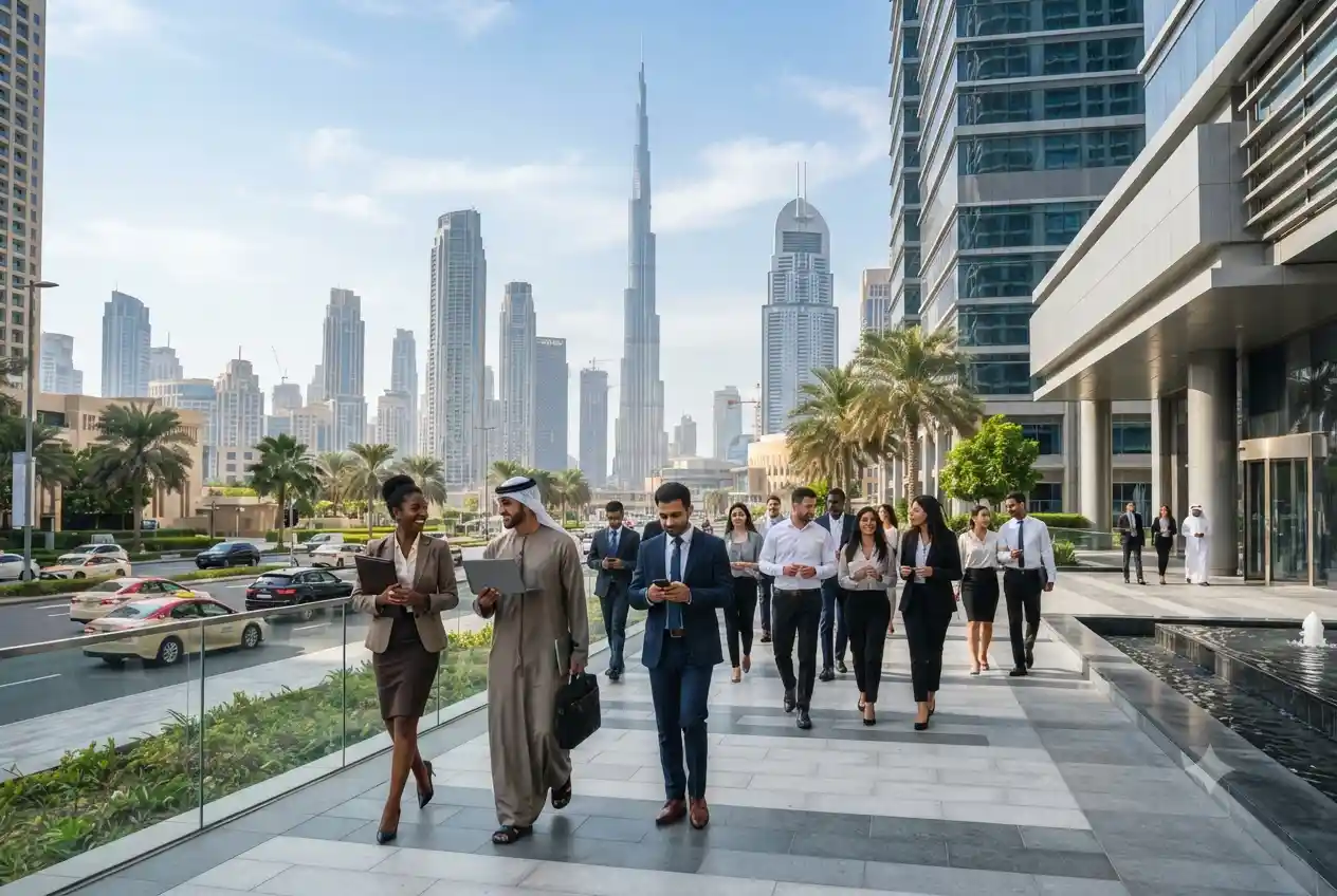 Professionals exploring career opportunities in Dubai's modern business district.