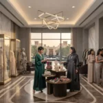 Modern modest fashion and abaya collections displayed inside a premium UAE fashion boutique