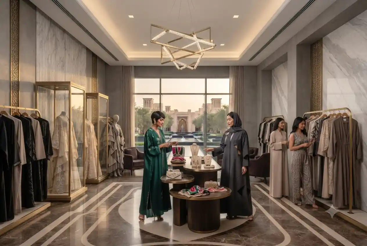 Modern modest fashion and abaya collections displayed inside a premium UAE fashion boutique