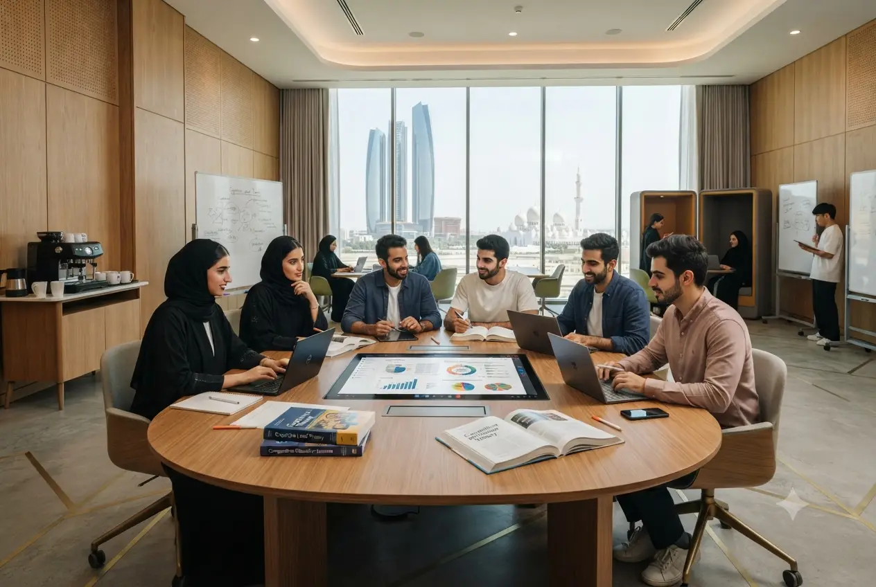 Postgraduate education students studying together in a modern university classroom
