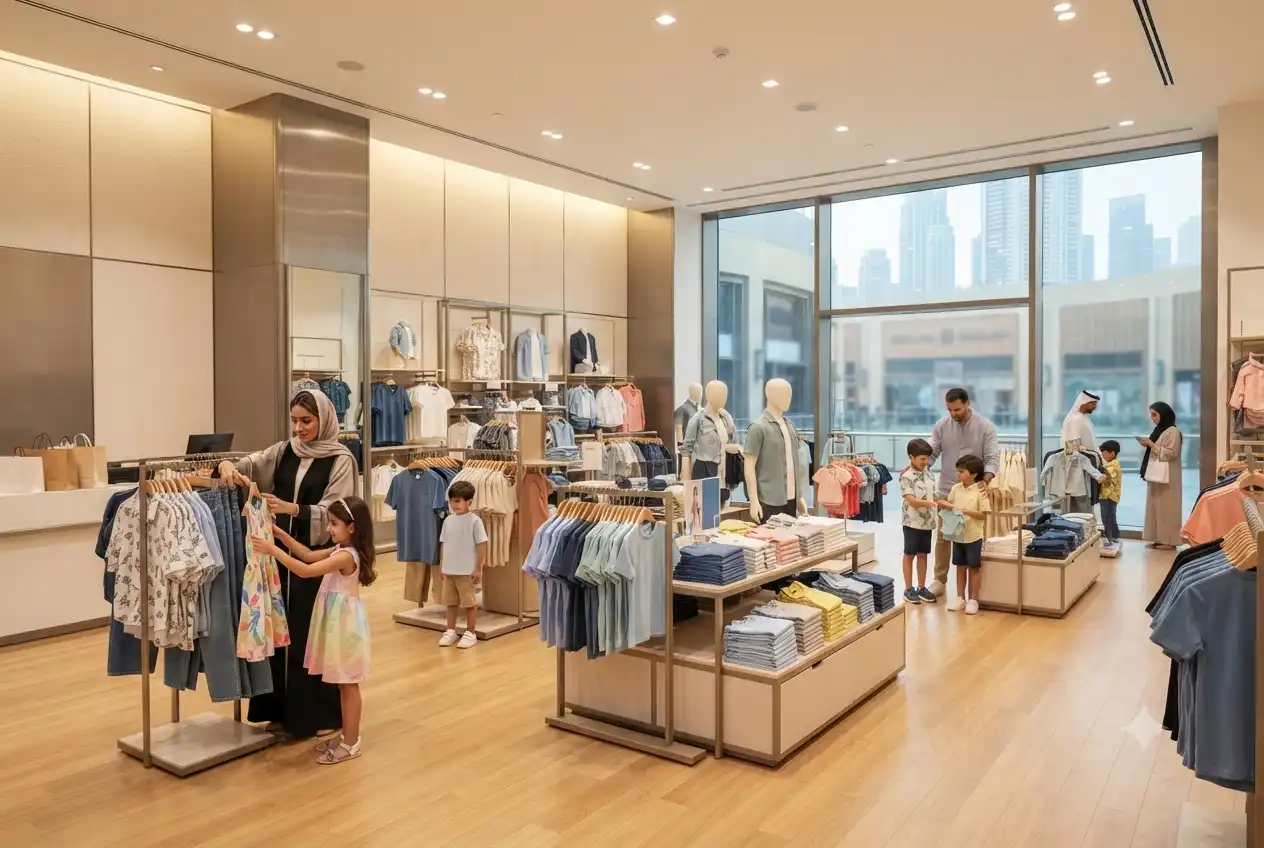 Shoppers browsing affordable fashion collections inside a modern UAE fashion retail store