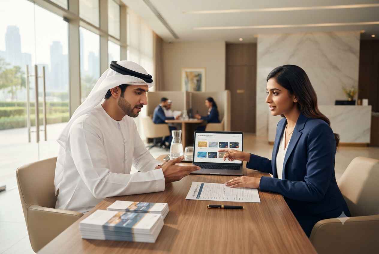 Financial advisor explaining minimum salary requirements for credit cards in the UAE.