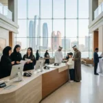 Students and visitors accessing Ministry of Education UAE services in a modern government office